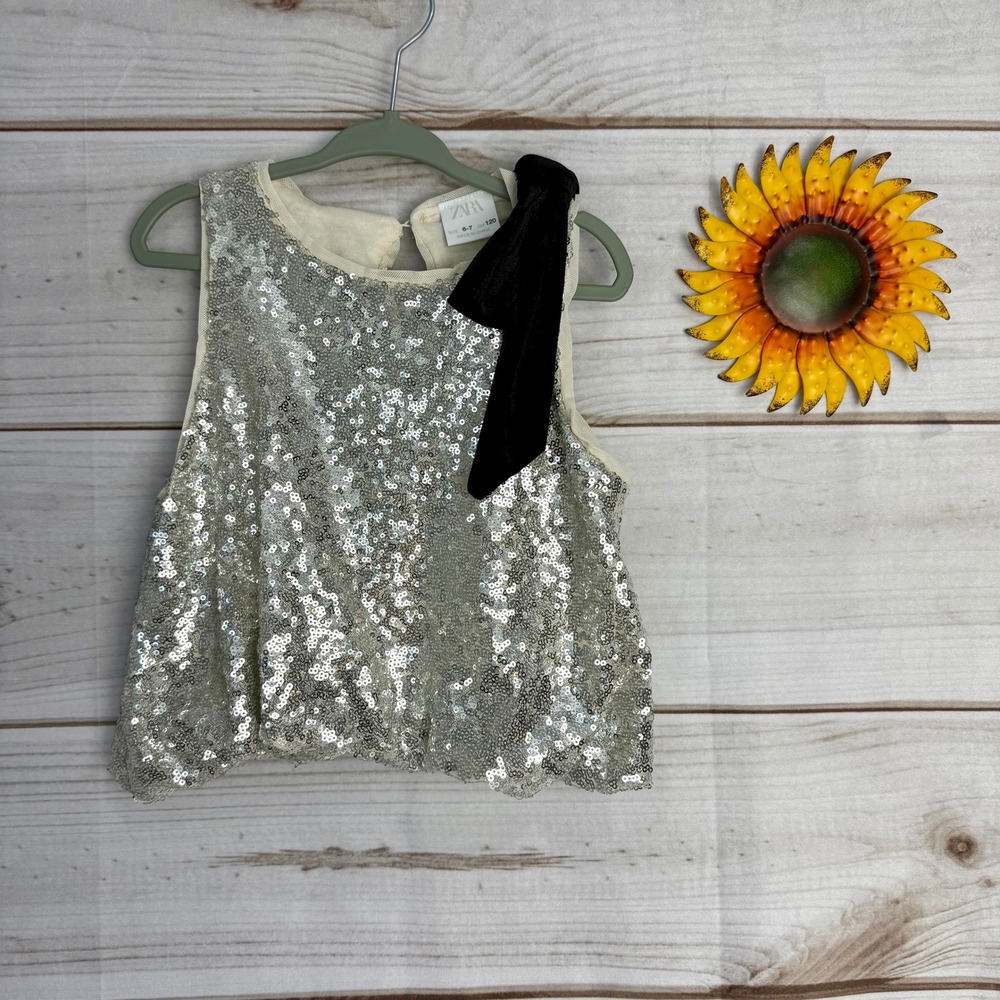 Zara Girls Sequins Bow Top Glitter Sparkle Silver Sleeveless Bubble Size 6-7